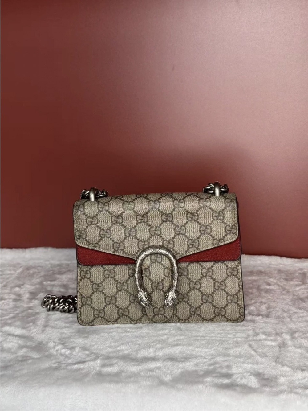 GUCCI DIONYSUS GG MINI RED SUEDE ON CHAIN CONVERTIBLE